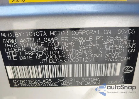 2007 Lexus Gs 350 from USA, damaged, VIN JTHBE96S270011291